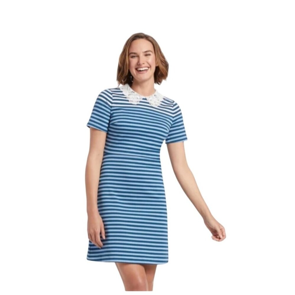 Draper James Blue Striped Lace Collar A-Line Knit Dress